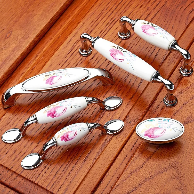 Vintage Furniture Hardware Pulls - ทิวลิปมือจับประตูเซรามิกเงินลิ้นชักดึงวินเทจดอกไม้ตู้ครัวมือจับและลูกบิดฮาร์ดแวร์เฟอร์นิเจอร์